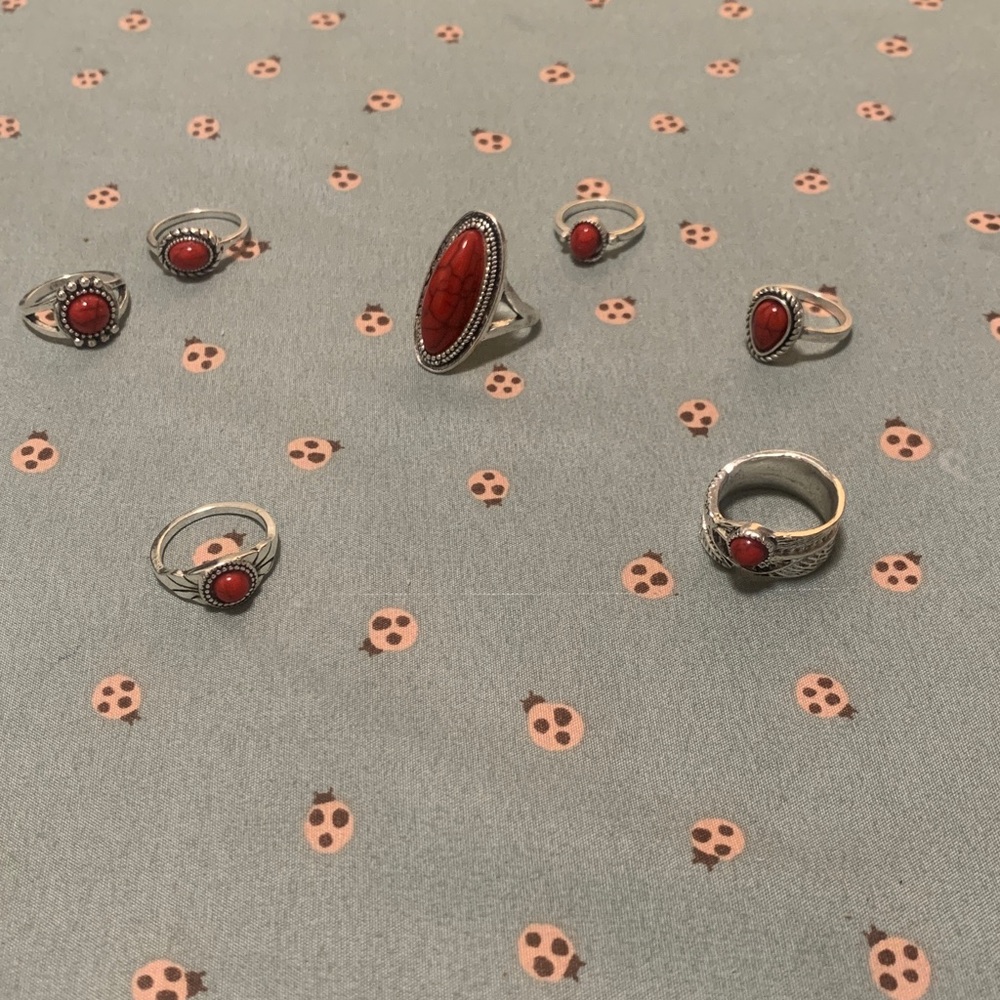 Vintage Silver and Red Stone Ring Set